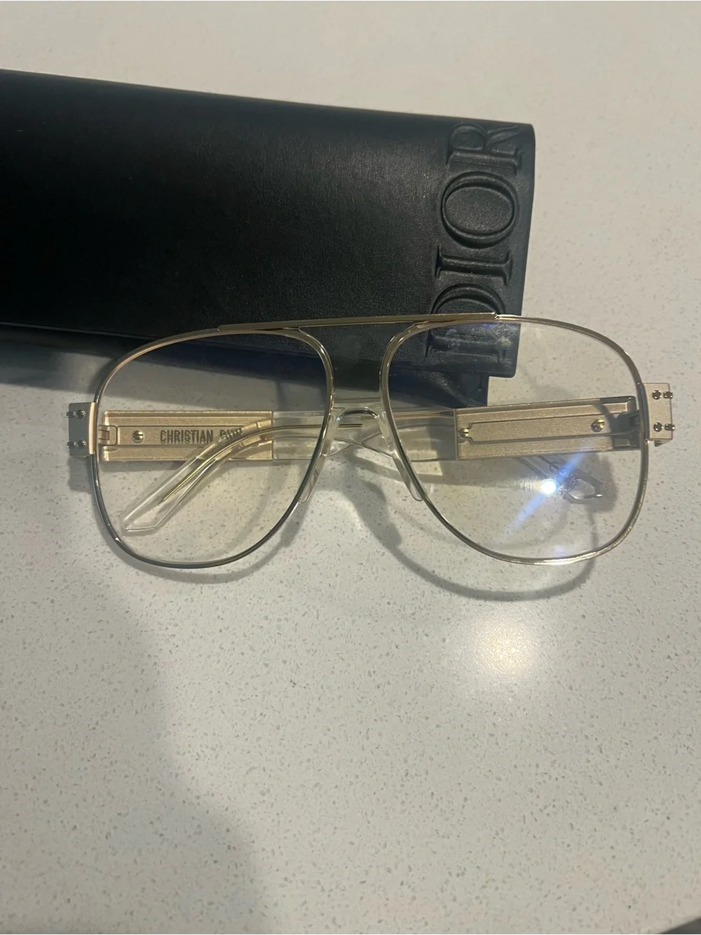 Dior Black Leather Glasses Case with Embossed Logo